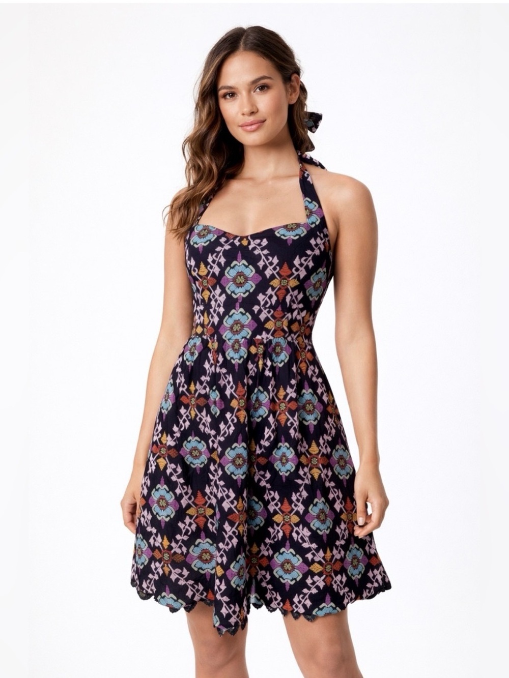 Black Floral Halter Mini Dress with Multicolor Geometric Print